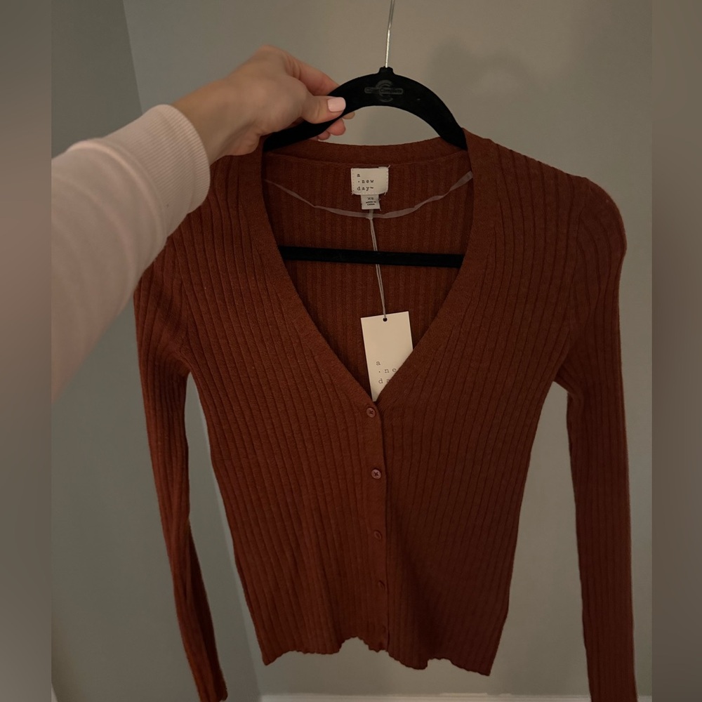 NWT A New Day Ribbed Slim Rust Cardigan Sweater